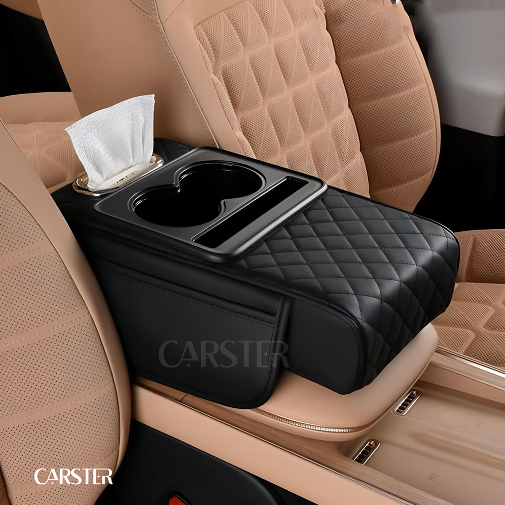 Premium Leather Car Armrest Organizer & Comfort Pad