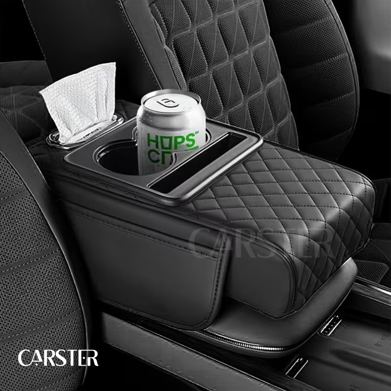 Premium Leather Car Armrest Organizer & Comfort Pad