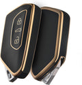 Car Key Case for VW, TPU  Key Cover, Compatible with Golf 8, ID3, ID4, GTI, GTE, Seat Leon MK4, Tarraco, Ateca & Skoda Octavia (Golden Edge Black)