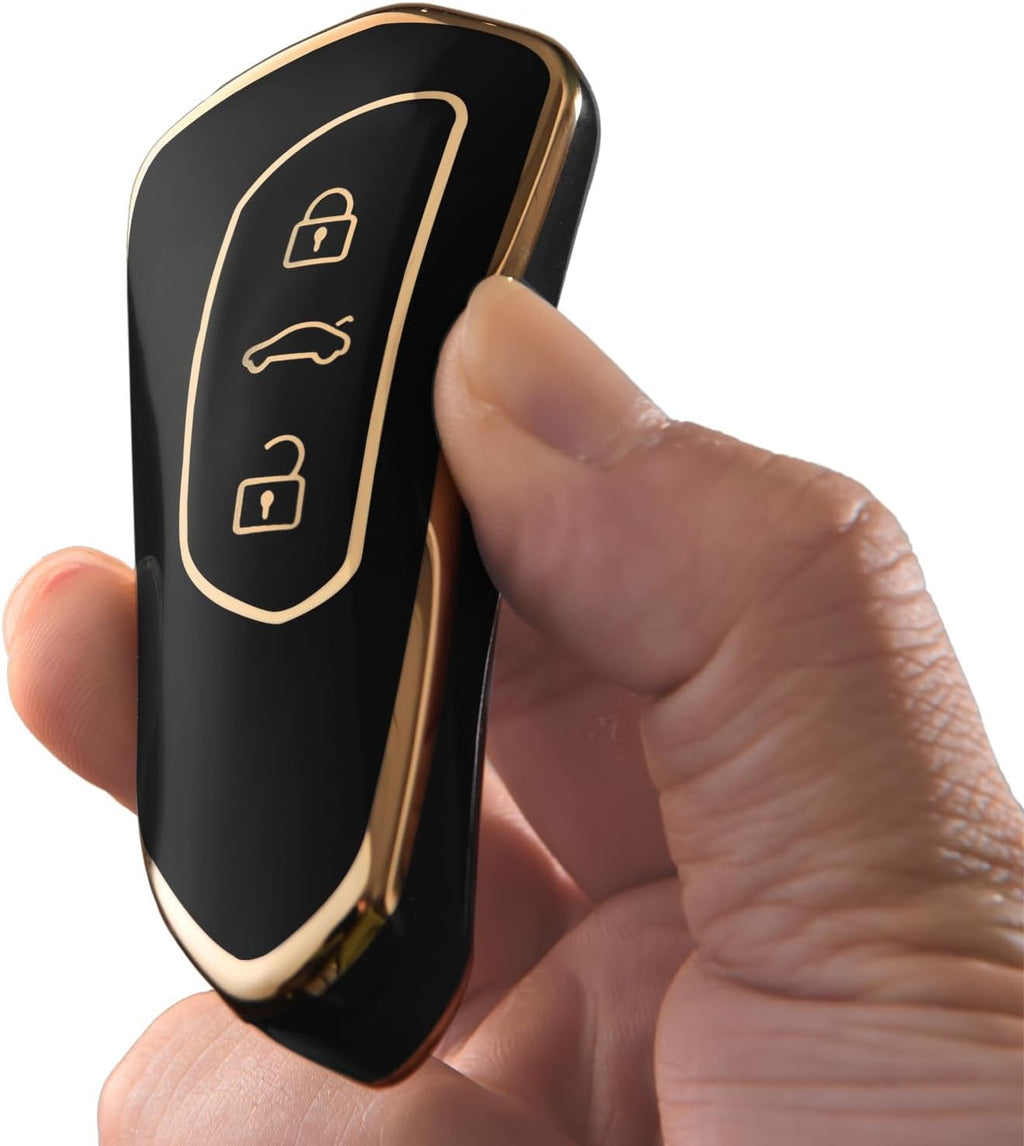 Car Key Case for VW, TPU  Key Cover, Compatible with Golf 8, ID3, ID4, GTI, GTE, Seat Leon MK4, Tarraco, Ateca & Skoda Octavia (Golden Edge Black)