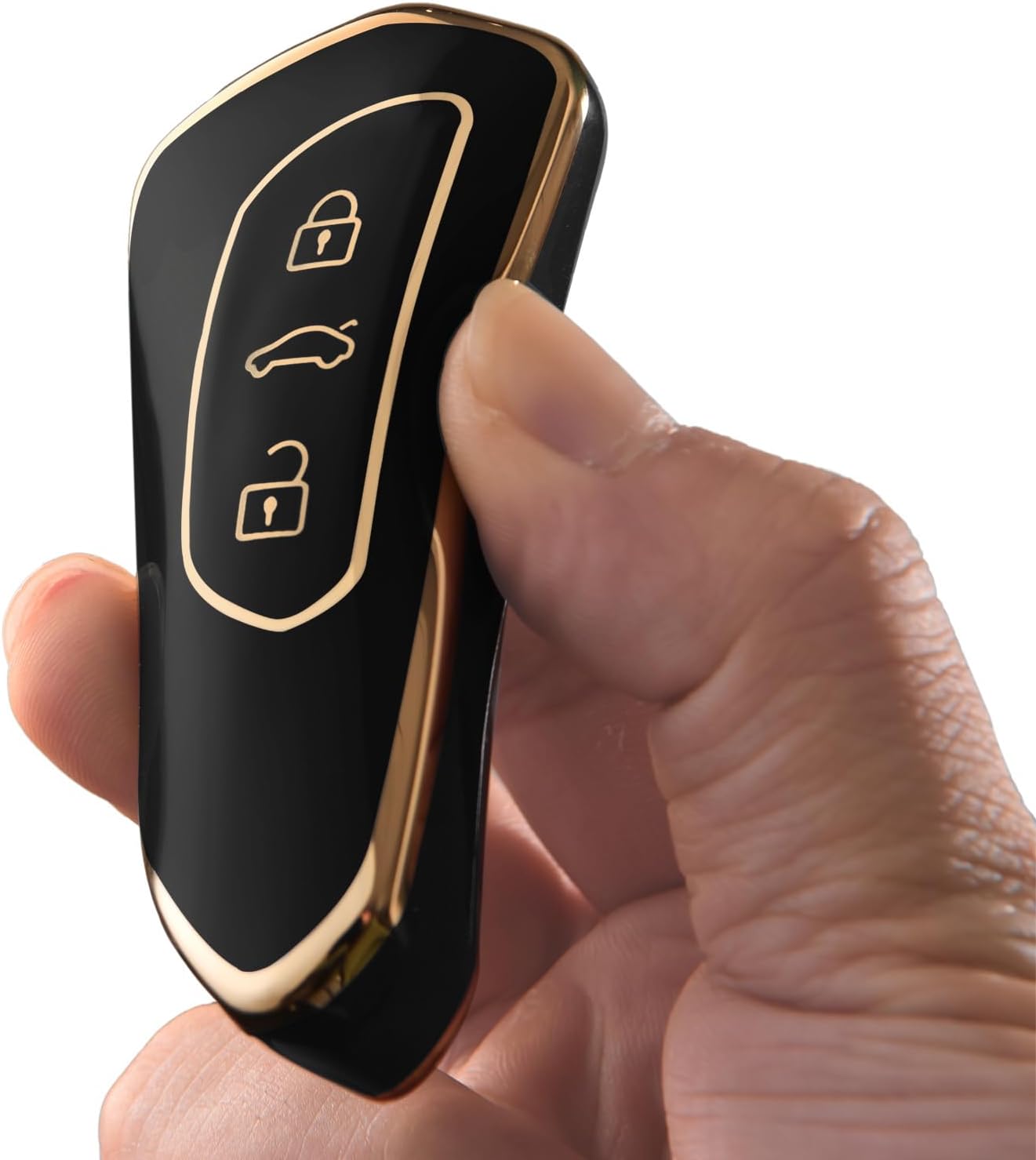 Car Key Case for VW, TPU  Key Cover, Compatible with Golf 8, ID3, ID4, GTI, GTE, Seat Leon MK4, Tarraco, Ateca & Skoda Octavia (Golden Edge Black)