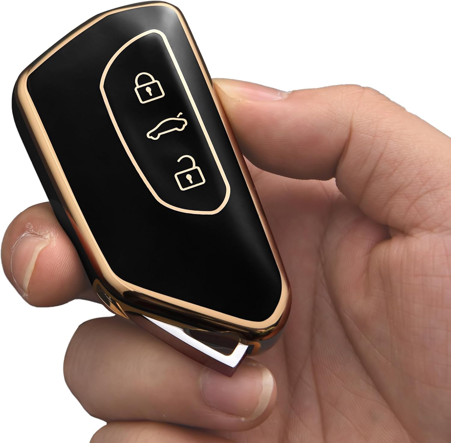 Car Key Case for VW, TPU  Key Cover, Compatible with Golf 8, ID3, ID4, GTI, GTE, Seat Leon MK4, Tarraco, Ateca & Skoda Octavia (Golden Edge Black)