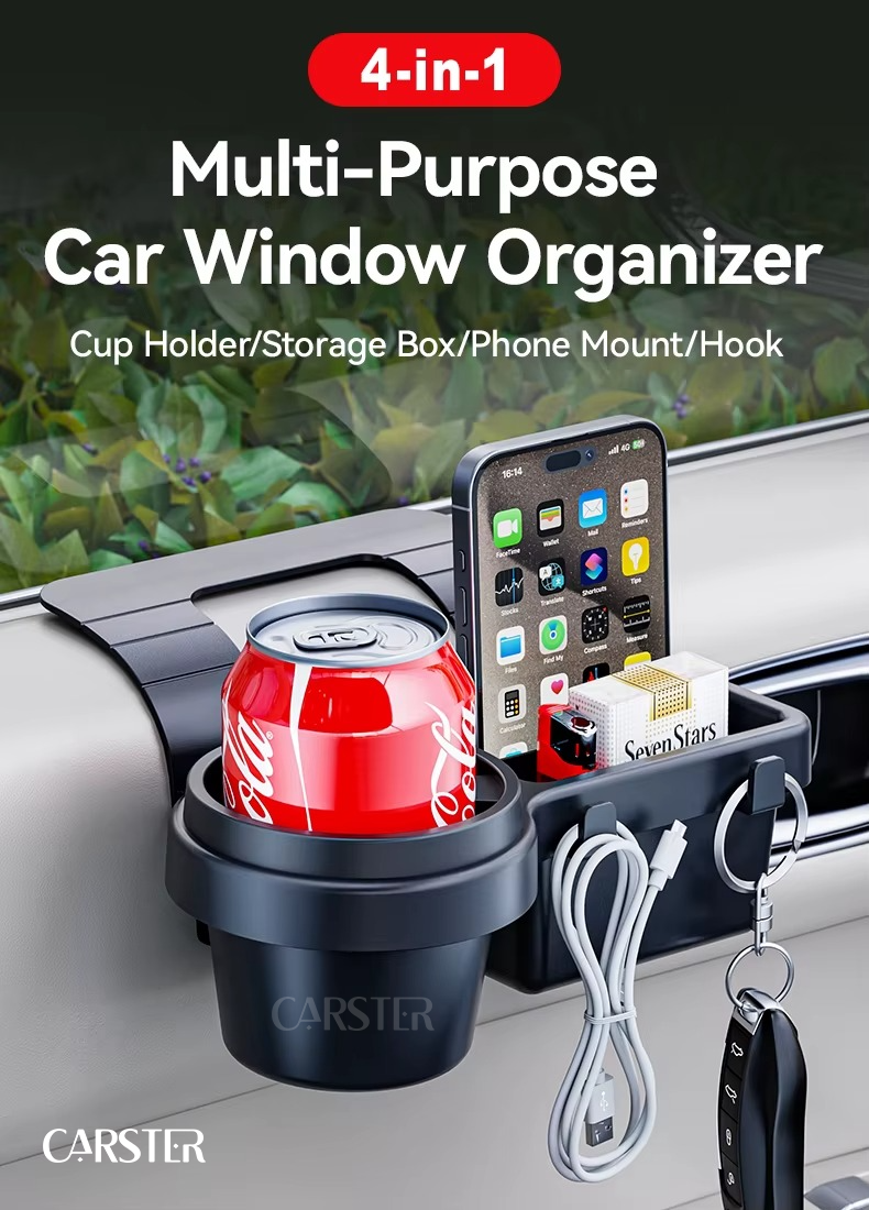 Car Organizer Box with Cup Holder Drink Holder Multifunctional Side Door Window Phone Slot Hanging Storage Rack for Vehicle