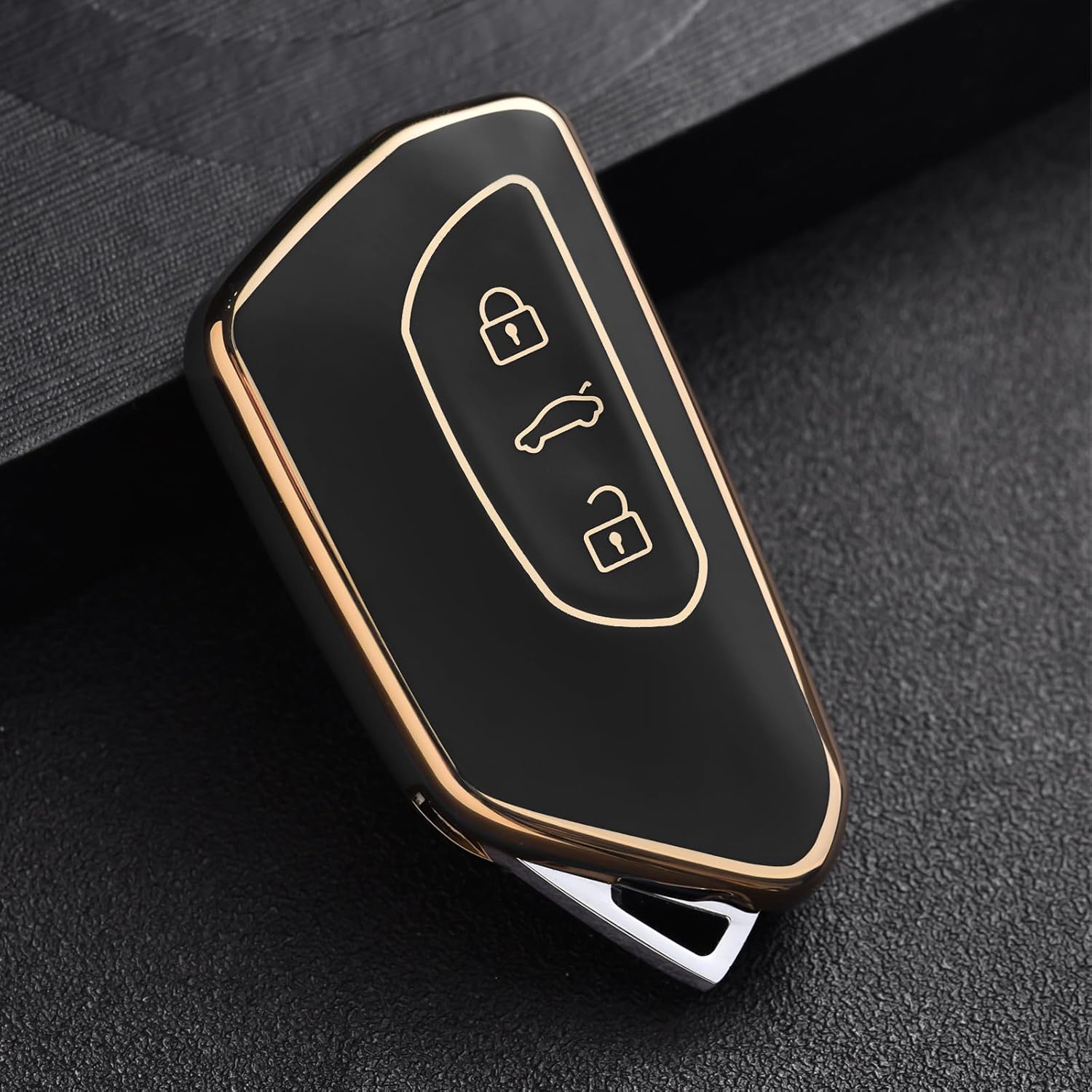 Car Key Case for VW, TPU  Key Cover, Compatible with Golf 8, ID3, ID4, GTI, GTE, Seat Leon MK4, Tarraco, Ateca & Skoda Octavia (Golden Edge Black)