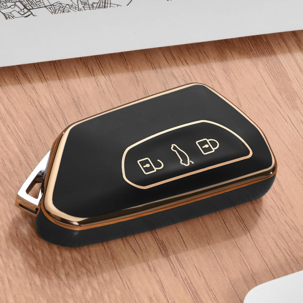 Car Key Case for VW, TPU  Key Cover, Compatible with Golf 8, ID3, ID4, GTI, GTE, Seat Leon MK4, Tarraco, Ateca & Skoda Octavia (Golden Edge Black)