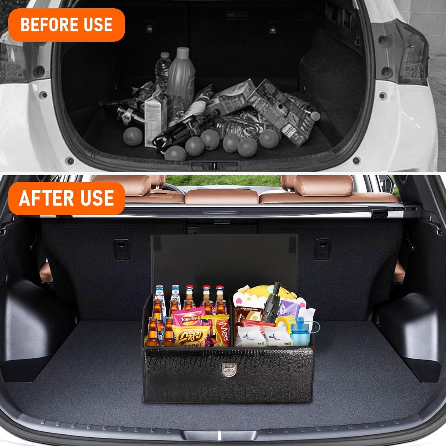 Car Trunk Organizer -  Foldable Leather Storage Organizer for SUV, Small Trunk Organizer for Luggage and Accessories for Men Women Camping (Fire Black)