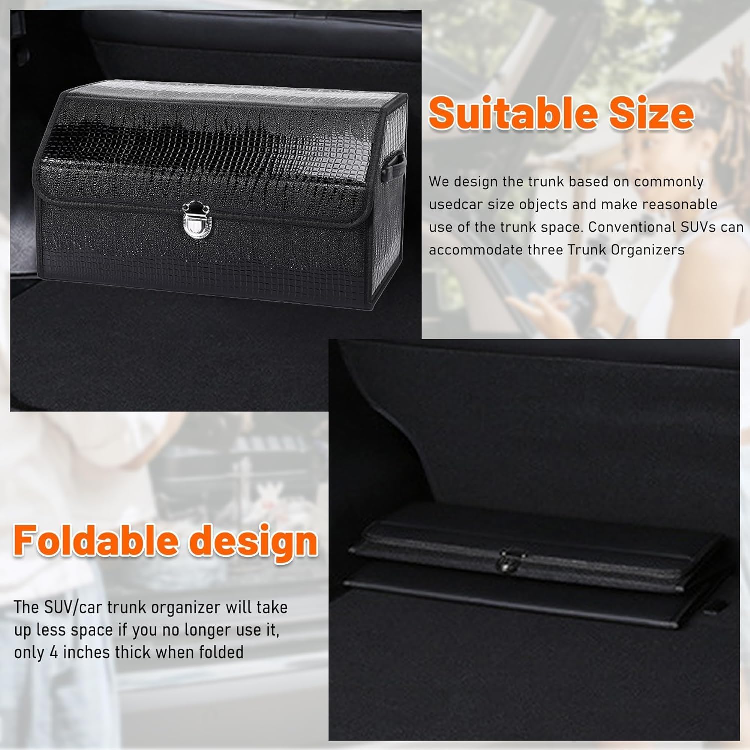 Car Trunk Organizer -  Foldable Leather Storage Organizer for SUV, Small Trunk Organizer for Luggage and Accessories for Men Women Camping (Fire Black)