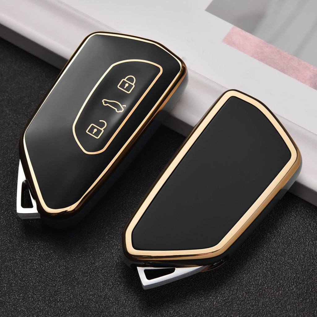 Car Key Case for VW, TPU  Key Cover, Compatible with Golf 8, ID3, ID4, GTI, GTE, Seat Leon MK4, Tarraco, Ateca & Skoda Octavia (Golden Edge Black)