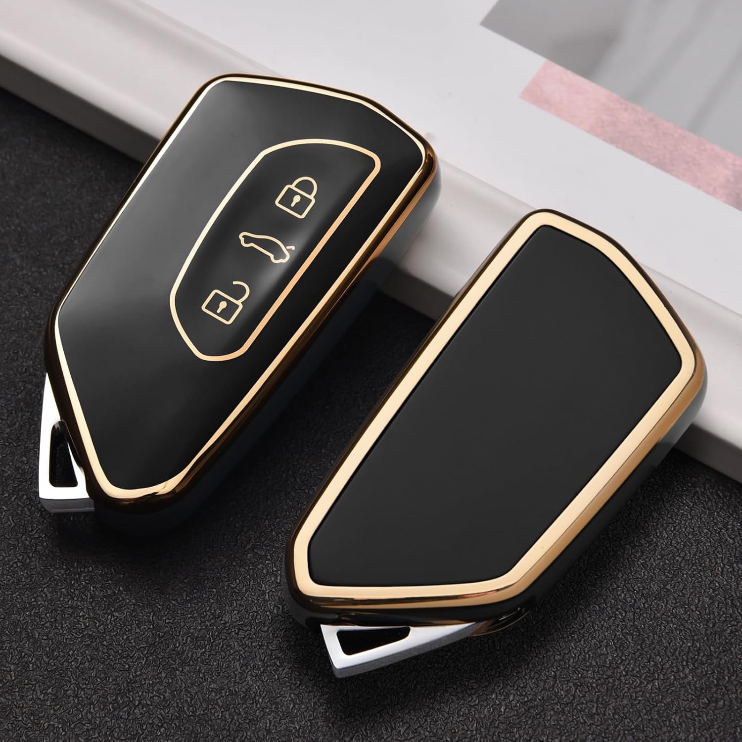 Car Key Case for VW, TPU  Key Cover, Compatible with Golf 8, ID3, ID4, GTI, GTE, Seat Leon MK4, Tarraco, Ateca & Skoda Octavia (Golden Edge Black)