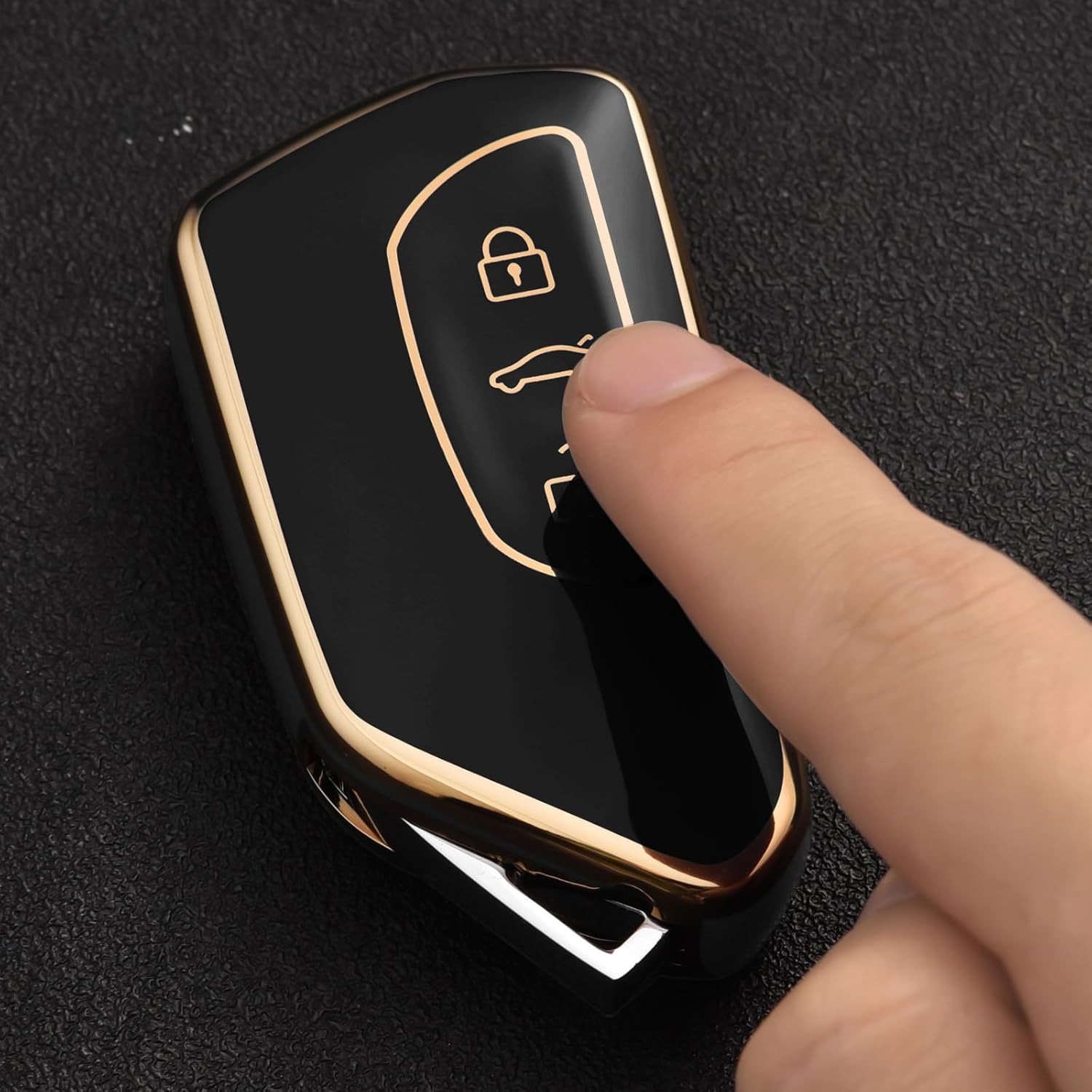 Car Key Case for VW, TPU  Key Cover, Compatible with Golf 8, ID3, ID4, GTI, GTE, Seat Leon MK4, Tarraco, Ateca & Skoda Octavia (Golden Edge Black)